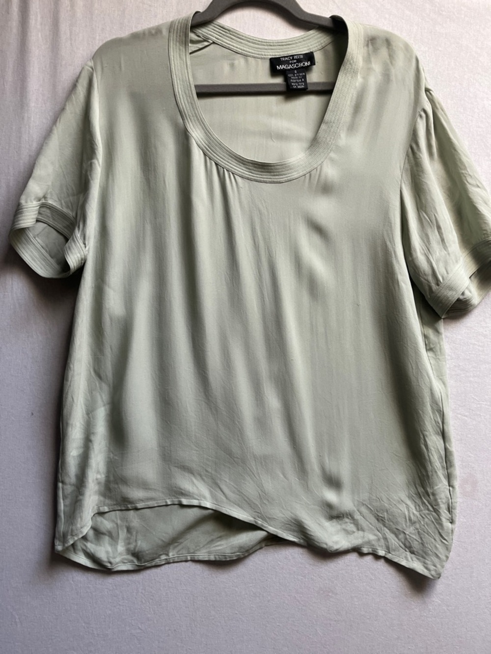 Tracy Reese Magaschoni Sage Green 100% Silk Short Sleeve Top Size 8